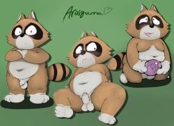 2024 absurd_res anthro araiguma balls belly black_nose blush bonobono brown_body erection flaccid foreskin genitals green_background hi_res humanoid_genitalia humanoid_penis long_foreskin male male_only mammal markings masturbation navel nude osleif penile penile_masturbation penis procyonid raccoon sex_toy simple_background slightly_chubby small_penis solo striped_markings striped_tail stripes tail tail_markings unretracted_foreskin