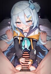 1boy absurdres bar_censor blue_eyes blue_hair censored commentary_request commission female grin hair_between_eyes hair_ornament hairclip handjob highres long_hair long_sleeves parted_lips penis petite pita_goral pov pov_crotch seiza sitting skeb_commission smile straight suzutuki_sui teeth twitching_penis variant_set varium