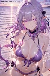 1girl ai_generated beach bikini blush breast_grab breasts butterfly castorice_(honkai:_star_rail) flower honkai:_star_rail hoyoverse large_hair looking_at_viewer luka45 mihoyo navel patreon patreon_reward patreon_url patreon_username pointy_ears purple_bikini purple_eyes purple_hair smile smiling smiling_at_viewer standing touching_breast wet wet_body white_hair