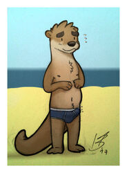 anthro beach blush briefs brown_fur brown_nose bulge clothing embarrassed erection fur male male_only mammal mustelid navel nipples otter penis_outline seaside sky solo standing sweaciabic underwear water