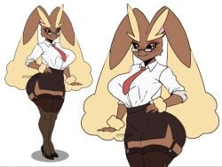 2024 absolute_territory anthro big_breasts black_sclera bottomwear breasts brown_body brown_fur clothed clothed_anthro clothed_female clothing collared_shirt digital_drawing_(artwork) digital_media_(artwork) dress_shirt eyelashes eyewear female female_anthro fluffy footwear front_view full-length_portrait fur furry garter_straps gatoradeew generation_4_pokemon glasses hand_on_hip high_heels legwear long_ears looking_aside lopunny mouth_closed necktie nintendo office_clothing office_lady pink_eyes pokemon pokemon_(species) portrait rectangular_glasses red_necktie shirt shoes simple_background skirt small_waist smile solo tan_body tan_fur thick_thighs thigh_highs three-quarter_portrait tight_bottomwear tight_clothing tight_skirt topwear wearing_glasses white_background white_clothing white_shirt white_topwear wrist_fluff