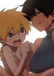 1boy 1girls age_difference aroused big_breasts black_hair blonde_hair dark-skinned_female embarrassed excited female female_human human human_male imminent_sex kurobe_natsumi_(shiromanta) large_breasts licking_lips male mature_female my_senpai_is_annoying official_art older_female older_woman_and_younger_boy paid_reward_available sakurai_yuuto_(shiromanta) seductive senpai_ga_uzai_kouhai_no_hanashi shiromanta teenager tomboy younger_male