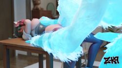 3d_(artwork) accessory animal_genitalia animal_penis anthro blue_body blue_fur breast_grab breasts canid canine canine_genitalia canine_penis clothed clothing cunnilingus digital_media_(artwork) duo erection female fox_spirit fur furniture genitals green_hair hair hand_on_breast headband hi_res human kiriko_(overwatch) male male/female mammal mythological_canine mythological_creature mythology ninja oral partially_clothed penis sex table vaginal_penetration warrior watermark werecanid werecanine werecreature werewolf z-k9