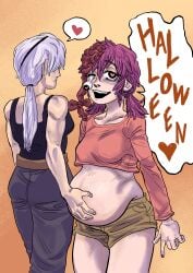 2d 2d_(artwork) 2girls belly_focus belly_fondling belly_hold big_belly brain chainsaw_man clothing cosmo_(chainsaw_man) crop_top fanart female/female female_only hand_on_belly heart-shaped_pupils heart_eyes holding_belly implied_futanari lesbian_couple looking_at_viewer looking_happy original_art original_artwork pink_hair pregnancy pregnant pregnant_belly pregnant_female quanxi's_group_(chainsaw_man) quanxi_(chainsaw_man) shorts speech_bubble white_hair yuri yuri yuri zombie zombie_girl