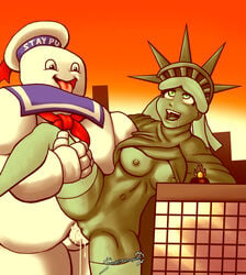 1boy 1girls animate_inanimate breasts clothed clothing cum cum_in_pussy cum_inside duo erection female food_creature from_behind_position ghostbusters giant_couple giant_sex macro mr._stay_puft nipples open_shirt penetration penis pussy saittamicus sex spread_legs spreading statue_of_liberty stay_puft_marshmallow_man tongue tongue_out vaginal_penetration