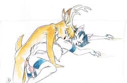 2012 anal anal_sex anthro anthro_on_anthro antlers arm_markings balls biped bite blue_eyes blue_fur blue_hair blue_markings blue_nose brown_nose canine cervine colored_pencil_(artwork) deer dhstein duo facial_markings fluffy fluffy_tail from_behind_position fur girly green_eyes hair hockeywolf horn inner_ear_fluff interspecies leg_markings lou_(stripes) lying male male_penetrating mammal markings multicolored_fur nude on_front penetration penis sex short_hair short_tail signature simple_background story story_in_description tan_fur tan_hair traditional_media_(artwork) two_tone_fur white_background white_fur white_horn wolf yaoi