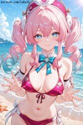 1girl ai_generated aqua_eyes beach bikini blue_eyes blush breasts female hat honkai:_star_rail hoyoverse hyacine_(honkai:_star_rail) large_hair looking_at_viewer luka45 mihoyo multicolored_hair navel patreon patreon_reward patreon_url patreon_username pink_bikini pink_hair ribbon smile smiling smiling_at_viewer twintails wet wet_body