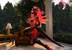 2025 3d_(artwork) agape_(petruz) anthro ass big_butt breasts chair coffee_table digital_media_(artwork) domizoni dragon female furniture hair hand_on_butt hi_res lamp larger_female long_hair looking_at_viewer mythological_creature mythological_scalie mythology nipples nude nude_anthro nude_female pink_eyes pinup pose scales scalie size_difference smile solo source_filmmaker_(artwork) tongue tongue_out window