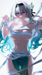 1girls artist_request bandage blush firefly_(honkai:_star_rail) gradient_hair hair_between_eyes hair_ornament hairband honkai:_star_rail honkai_(series) medium_breasts multicolored_eyes silver_hair solo solo_focus source_request tagme thighs