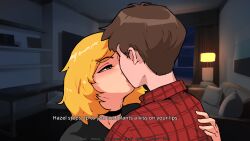 2boys black_topwear blonde_hair brown_hair choker green_eyes hazel_(hazelnut_latte) hazelnut_latte hotel_room kissing male red_flannel trap