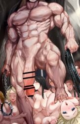 1boy 6+girls abs absurdres bar_censor black_hair blonde_hair blue_eyes bondage breasts brown_hair censored chain_leash chains closed_eyes collar completely_nude dungeon harem highres huge_cock kissing_penis kneeling kusaka_souji large_breasts leash long_hair lying multiple_girls muscular muscular_male nude on_back original penis red_hair sex_slave slave spiked_collar spikes stepping_on_another's_breasts submission whip