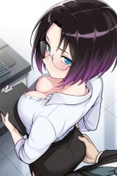 ai_generated blue_eyes blush down_blouse elma_(dragon_maid) glasses groping_ass kobayashi-san_chi_no_maidragon maize nipslip office_lady reluctant two_tone_hair