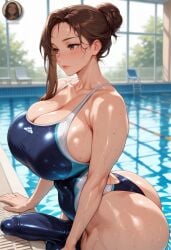 1futa ai_generated big_breasts big_bulge big_butt bulge bulge_through_clothing dickgirl erection_under_clothes female futa_focus futanari huge_breasts penis_outline penis_under_clothes pool solo swimsuit yo0001