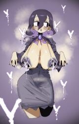 1girls big_breasts breasts cow_bikini cow_print female hex_maniac hex_maniac_(z-a) lactation lactation_through_clothes leebongchun milf nintendo pokemon purple_hair purple_nipples sweat