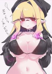 1girls big_breasts bra breast_focus breasts female grabbing_own_breast inkling inkling_girl miiinatochanowo nintendo pout red_eyes splatoon yellow_hair