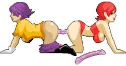 2girls animated breasts double_dildo gif lesbian_sex loop pixel_art sex_toy sexums_(artist) soo_cubus vaginal_penetration