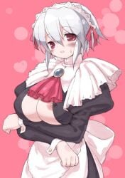 alternate_costume apron blush breasts brooch female jewelry large_breasts maid maid_headdress red_eyes short_hair silver_hair solo