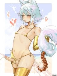 1boy absurdres anal_beads anal_tail animal_ears bar_censor bikini blue_hair blush censored cum cum_in_ass ejaculation elbow_gloves erection fake_tail gloves gold_bikini gold_gloves gold_thighhighs highres male_focus micro_bikini nohtuy open_mouth original otoko_no_ko penis red_eyes saliva sex_toy short_hair swimsuit tail