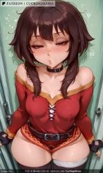 ai_generated arm_support bandaged_leg bandages bare_shoulders belt black_belt black_gloves black_hair black_legwear blush breasts brown_hair cape collar cuckingmama dress female fingerless_gloves flying_sweatdrops gloves hat hat_removed headwear_removed indoors looking_at_viewer megumin no_panties off-shoulder_dress red_dress red_eyes short_hair short_hair_with_long_locks single_thighhigh sitting small_breasts solo tagme thighhighs witch_hat