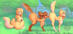 2girls anthro ass bendzz big_ass big_breasts blonde_hair blonde_hair blue_eyes blush breasts brown_hair brown_hair brunette_hair canine collar dog_collar dog_girl dog_tail furry leash nipples on_all_fours original original_character ponytail post_transformation sniffing thick thick_ass transformation