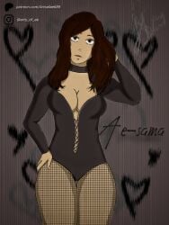 1girls ae's_art ae-sama_(oc) bodysuit cleavage color colored female fishnets laced_clothing laced_corset leash navel_window non-nude original original_art original_artwork original_character original_characters original_female_character pen_art plunging_neckline pose sensual sketch thick_thighs thighs