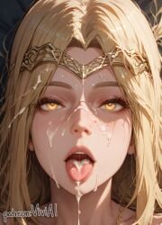 ahe_gao ahegao_face ai_generated blonde_hair bukkake cum cum_drip cum_in_mouth cum_on_face elden_ring facial huge_breasts open_mouth queen_marika_the_eternal solo tagme tongue viviai yellow_eyes