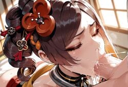 1boy 1girls :>= ai_generated bangs bare_shoulders blush breasts brown_hair chiori_(genshin_impact) closed_eyes closed_eyes clothing cum cum_in_mouth cum_overflow curvaceous curvaceous_female curvaceous_figure curvy curvy_figure drill_hair ejaculation erection fellatio female female female_focus genshin_impact hair_flower hair_ornament heavy_breathing hoyoverse indoors japanese_clothes jewelry kimono light-skinned_female lips long_hair makeup male miyuai nude oral overflow penis ponytail saliva semen sex solo_focus straight sweat testicles traditional_clothes veins veiny_penis voluptuous voluptuous_female wafuku