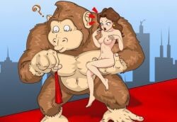 1boy 1girls ape artist_request breasts brown_hair clothes_removed donkey_kong dress_removed earrings embarrassed embarrassed_nude_female enf female gorilla male mario_(series) naked nintendo nipples nude pale_skin pauline pauline_(mario) question_mark red_dress stripped_naked tagme