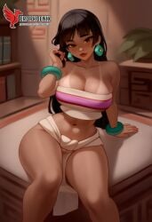 1girls 2d ai_generated ass bangs bare_shoulders barefoot big_ass big_breasts breasts chel chel_(the_road_to_el_dorado) cleavage dark-skinned_female dark_skin dreamworks earrings erophoenix feet full_body grin hoop_earrings huge_breasts jewelry long_hair looking_at_viewer looking_back navel patreon_username shorts sitting smile soles solo solo_female strapless tan the_road_to_el_dorado thick thick_thighs toes tubetop uncensored
