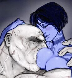 1boy1girl 2d 2d_(artwork) blue_body blue_skin bob_cut breast_sucking canon_couple cortana digital_drawing_(artwork) digital_media_(artwork) fawnoir female femdom gentle_femdom halo_(game) halo_(series) high_resolution highres larger_male male master_chief romantic romantic_couple scar simple_background size_difference smaller_female sucking video_game_character video_games