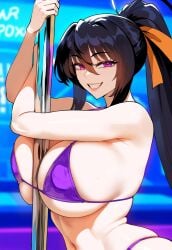 1girls ai_generated akeno_himejima big_breasts black_hair breasts female female_focus high_school_dxd hips huge_breasts large_breasts light-skinned_female micro_bikini pole ponytail purple_bikini purple_eyes smiling thick_thighs thighs wide_hips