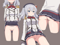 ass beret black_hat blue_eyes blush censored cnm epaulettes female gloves hat jacket kantai_collection kashima_(kantai_collection) long_sleeves military_jacket miniskirt mosaic_censoring neckerchief no_panties pussy red_neckerchief silver_hair skirt skirt_lift solo tsurime twintails white_gloves white_jacket