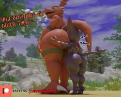 2022 3d_(artwork) anthro ass bandai_namco barely_visible_genitalia barely_visible_penis big_butt camseven cheek_tuft clothing dialogue digimon digimon_(species) digital_media_(artwork) duo english_description english_text facial_tuft genitals gloves guilmon handwear head_wings hi_res impmon looking_back male male/male male_rimming_male nature open_mouth outside_sex penis purple_body question_mark red_body red_clothing red_gloves red_handwear red_scales red_scarf scales scalie scarf sex size_difference standing tail talking_to_another talking_to_partner text thick_thighs tiptoes tuft unusual_wing_placement wide_hips wings