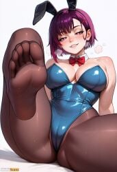 ai_generated animal_ears artist_name ass bangs bare_shoulders blue_leotard blush bow bowtie breasts brown_pantyhose cameltoe cleavage detached_collar fake_animal_ears feet female foot_focus foreshortening grin hair_ornament hairclip heart-shaped_pupils heavy_breathing high_resolution highres large_breasts leaning_back leotard lips looking_at_viewer mikazuki_shizuka naughty_face no_shoes pantyhose parted_lips playboy_bunny purple_hair rabbit_ears red_bow red_bowtie red_eyes seductive_smile shiny shiny_clothes shiny_skin short_hair simple_background sitting smile soles solo spread_legs stable_diffusion strapless strapless_leotard sweat symbol-shaped_pupils toes waifuscans418 white_background zom_100:_zombie_ni_naru_made_ni_shitai_100_no_koto