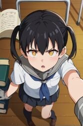 1girls ai_generated anime anime_girl black_hair classroom en'en_no_shouboutai enen_no_shouboutai female fire_force girl girly hair kotatsu_tamaki looking_at_viewer orange_eyes school school_desk school_uniform schoolgirl