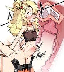 1boy artist_request bare_arms blonde_hair blush choker clothed_sex covered_nipples cross_section cum erection female from_side green_eyes highres holding_another's_wrist internal_cumshot long_hair male penis piper_wheel red_choker sex sex_from_behind solo_focus stomach_bulge straight tsunderemaids uncensored vaginal_penetration wide-eyed x-ray you zenless_zone_zero