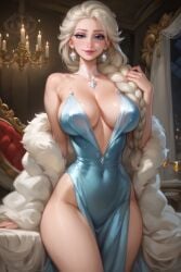 1girls acw ai_generated blue_eyes braid braided_hair cleavage cocktail_dress curvy disney dress earrings elsa_(frozen) evening_dress female frozen_(film) large_breasts light-skinned_female lipstick long_hair looking_at_viewer makeup platinum_blonde_hair single_braid smile standing thighs voluptuous