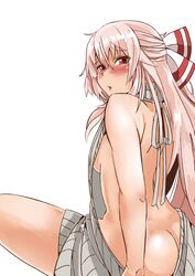 :o alternate_costume ass ass_cleavage backless_outfit bangs bare_arms bare_back blush bow breasts butt_crack dress female female_only from_behind fujiwara_no_mokou hair_between_eyes hair_ornament hairbow heiseikorotaisei long_hair looking_at_viewer looking_back medium_breasts meme_attire naked_sweater posterior_cleavage red_eyes revealing_clothes sideboob silver_hair solo sweater sweater_dress touhou virgin_killer_sweater white_bow