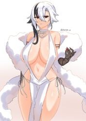 1girls akazuan_19 arlecchino_(genshin_impact) female female_only formal formal_wear fur fur_scarf genshin_impact gloves hair_streak pearl_necklace red_eyes revealing_clothes sharp_fingernails solo solo_female tagme white_background white_hair