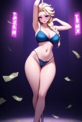 1girls ai_generated armpits arms_up big_breasts blonde_hair blue_bra blue_panties bra breasts cleavage disney disney_princess elsa_(frozen) exotic_dancer female female_only frozen_(film) making_it_rain money nai_diffusion navel neon_lights neon_sign nightclub novelai panties pole_dancer pole_dancing solo solo_female stable_diffusion strip_club stripper stripper_pole thighs thong