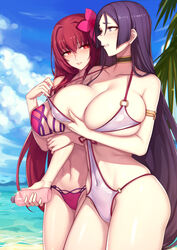 2girls armlet bangs beach bikini blue_sky breast_hold breasts bright_pupils choker cloud cloudy_sky collarbone contrapposto covered_navel cowboy_shot day evan_yang eye_contact eyebrows_visible_through_hair fate/grand_order fate_(series) flower hair_between_eyes hair_flower hair_ornament halterneck highres huge_breasts large_breasts long_hair looking_at_another minamoto_no_raikou_(fate) minamoto_no_raikou_(fate/grand_order) multiple_girls navel o-ring_swimsuit outdoors parted_bangs pink_bikini pink_hair purple_eyes purple_hair red_eyes scathach_(fate) scathach_(swimsuit_assassin) sky strap_lift swimsuit very_long_hair white_pupils