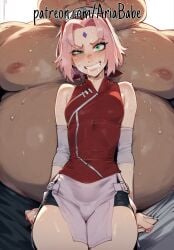 ai_generated big_thighs blackmail forced_smile naruto nervous novelai obese_male patreon petite sakura_haruno small_breasts ugly_man