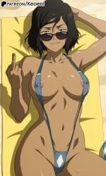 1girls ai_generated areola areola_slip areolae avatar_legends beach big_breasts bikini blue_bikini blue_eyes blue_sling_bikini breasts brown_hair brown_skin dark-skinned_female dark_skin female hands_behind_head happy hard_nipples hi_res keoenl korra looking_at_viewer lying middle_finger patreon pool sand short_hair sling_bikini slingshot_swimsuit smug steam summer sunglasses sweat sweating the_legend_of_korra thick_thighs towel wide_hips