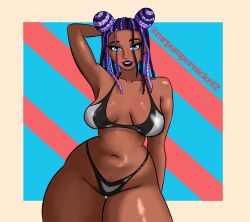 arm_behind_head belly_button bikini black_lipstick blue_eyes braided_hair braids breasts buns bush child_bearing_hips commission commissioner_upload dark-skinned_female dark_skin demon demon_girl digital_drawing_(artwork) digital_media_(artwork) female hi_res high_resolution highres hips hips_wider_than_shoulders large_breasts mrpumpernickel navel oc original_character pinup pinup_pose pubic_hair pubic_hair_peek sharp_teeth smile space_buns swimsuit swimwear thick_thighs thighs tummy