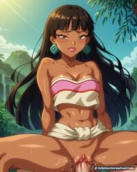 1boy ai_generated bandeau bangs bare_shoulders black_hair blue_sky blunt_bangs blush bottomless breasts brown_eyes chel_(the_road_to_el_dorado) cleavage clitoris clothing cloud collarbone cowgirl_position crop_top dark-skinned_female dark_skin day earrings female jewelry large_breasts lips long_hair looking_at_viewer male medium_breasts midriff navel on_top outdoors parted_lips patreon_username penis pov_crotch pussy pussy_juice sex shiny_skin sky smile solo_focus spread_legs stomach straddling straight strapless strapless_shirt sweat the_road_to_el_dorado tree tube_top vagina vaginal_penetration waifuai_studio water web_address