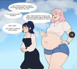 2girls huge_belly kay_inthedark(artist) mirro pink_hair tagme weight_gain