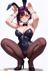 ai_generated animal_ears armpits arms_up bangs bare_shoulders black_bow black_bowtie black_footwear black_leotard blush bow bowtie breasts brown_pantyhose bunny_pose cleavage covered_navel detached_collar fake_animal_ears female full_body hair_ornament hairclip high_heels high_resolution highres large_breasts leotard looking_at_viewer mikazuki_shizuka pantyhose parted_lips playboy_bunny purple_hair rabbit_ears rabbit_tail red_eyes shiny shiny_clothes short_hair simple_background smile solo spread_legs squatting stable_diffusion sweat tail waifuscans418 white_background wrist_cuffs zom_100:_zombie_ni_naru_made_ni_shitai_100_no_koto