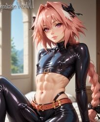 1boy 1femboy ai_generated astolfo_(fate) balls bangs blush braid braided_hair fate_(series) femboy latex latex_clothing latex_legwear light-skinned_male looking_at_viewer male male_only penis penis_visible_through_clothing pink_eyes pink_hair solo tagme testicles viviai