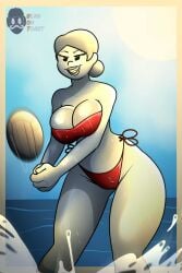 2025 2d 2d_(artwork) 2d_artwork artist_logo artist_name beach beach_background beach_outfit beanontoast big_breasts breasts brenda_(clover) clover_(or3o) female monochrome_characters original_character red_bikini thick_thighs volleyball