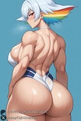 1girls ai_generated ass back blue_background blush breasts curvy from_behind huge_ass kill_la_kill kiryuuin_ragyou large_breasts looking_at_viewer looking_back mature_female multicolored_hair muscular muscular_female one-piece_swimsuit rainbow_hair shiny shiny_skin short_hair simple_background solo sweat swimsuit thick_thighs thighs unjobdespiert white_hair